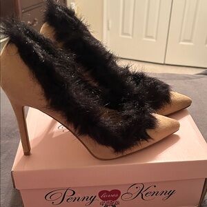 Penny Loves Kenny Tan Heels with Black Fur Accents